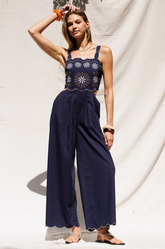 Embroidered Cutout Back Jumpsuit - Navy