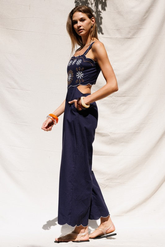 Embroidered Cutout Back Jumpsuit - Navy