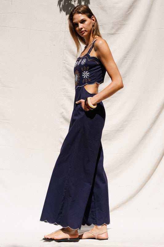 Embroidered Cutout Back Jumpsuit - Navy