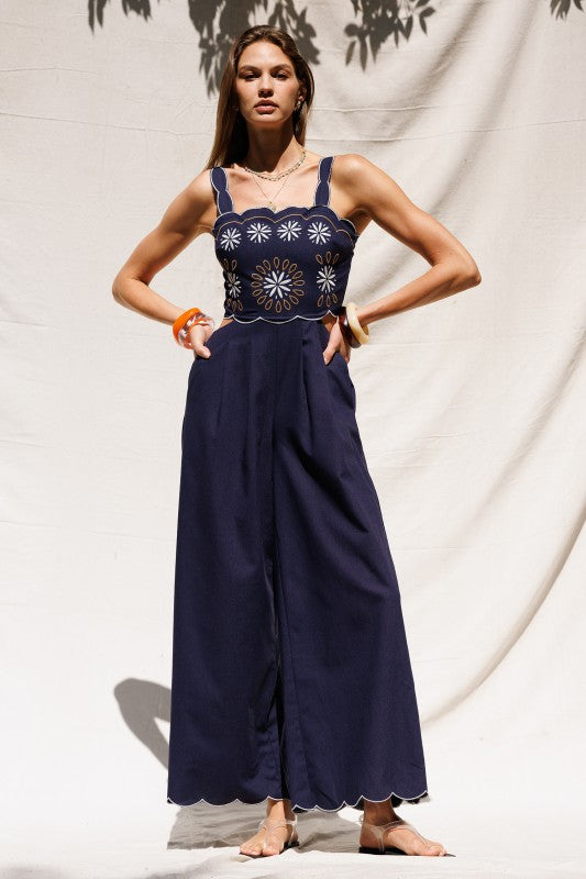 Embroidered Cutout Back Jumpsuit Navy