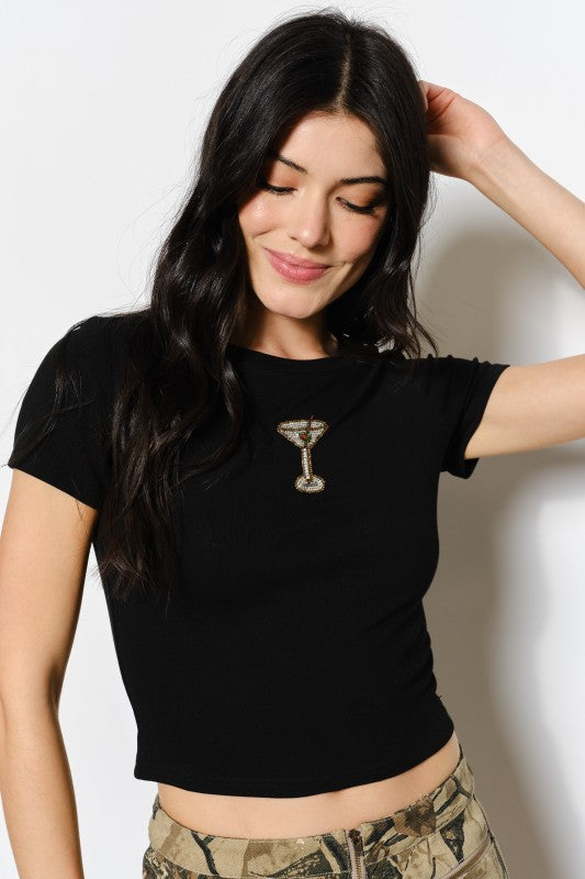 Gemma Martini Bead Tee Top -  Black