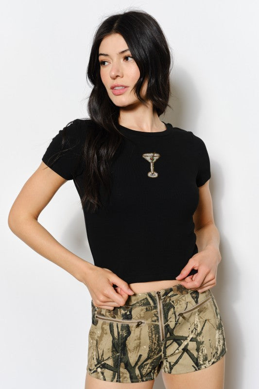 Gemma Martini Bead Tee Top -  Black