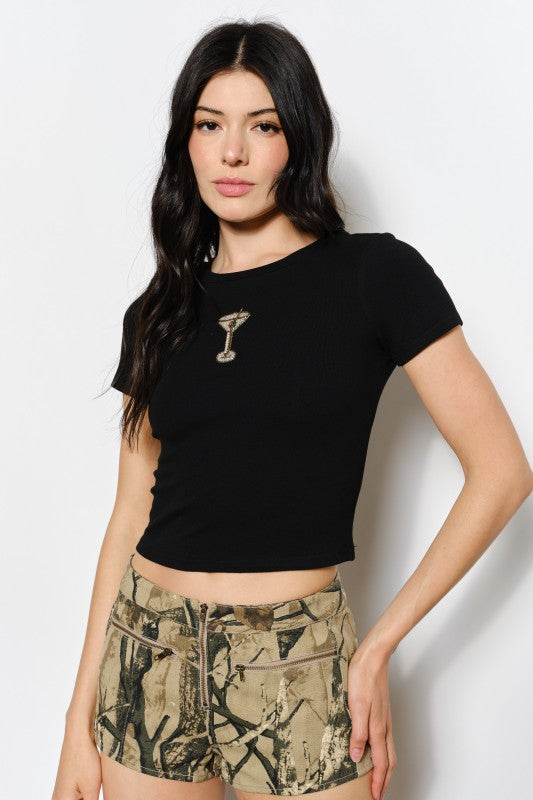 Gemma Martini Bead Tee Top -  Black