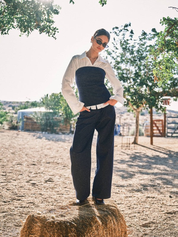 DARK DENIM STRAPLESS & PANTS SET