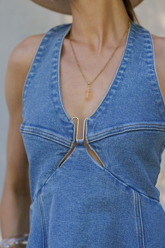 Halter Neck Denim Mini Dress - Denim