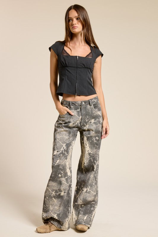 GRUNGE SPLATTER PRINT WIDE LEG DENIM PANTS