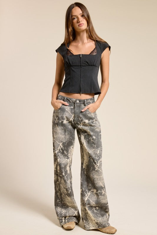 GRUNGE SPLATTER PRINT WIDE LEG DENIM PANTS