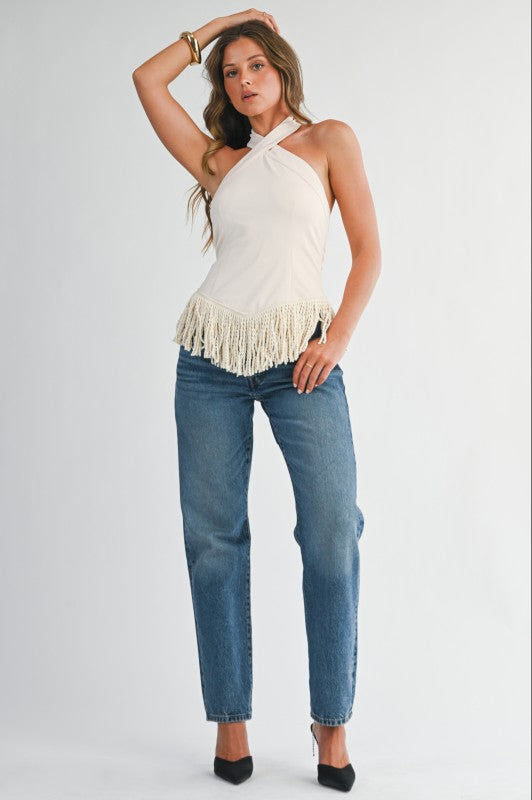 Fringe Halter Neck Top - Cream