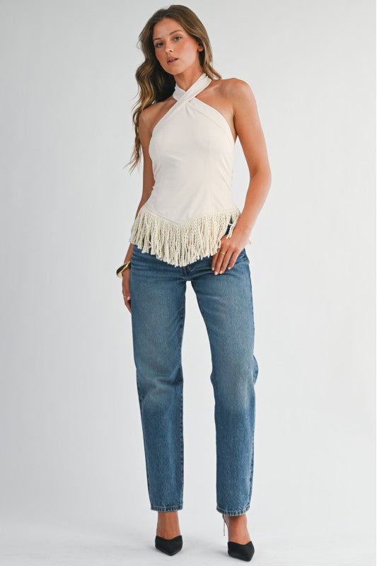 Fringe Halter Neck Top - Cream