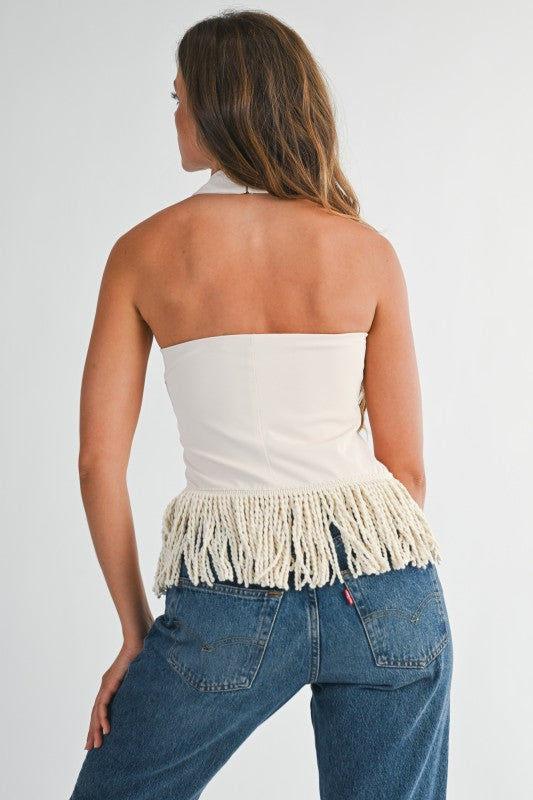 Fringe Halter Neck Top Cream