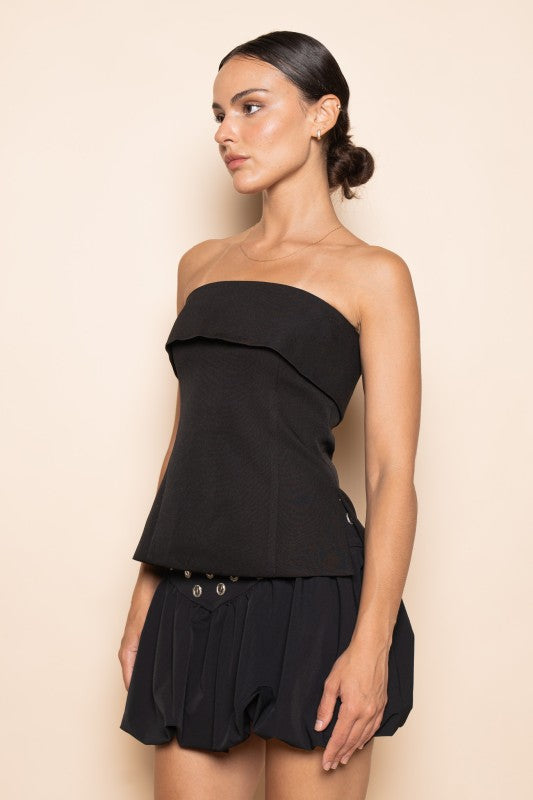 MODERN DRESSY STRAPLESS FITTED SIDE SLIT TOP - BLACK