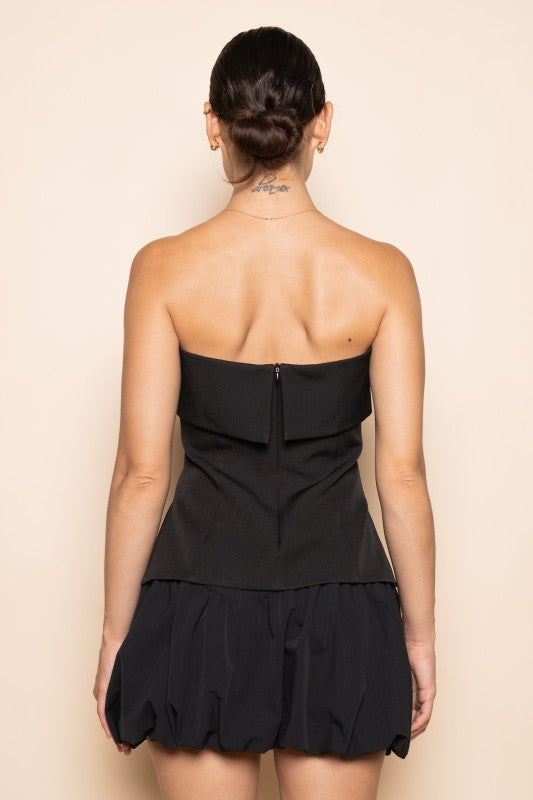 MODERN DRESSY STRAPLESS FITTED SIDE SLIT TOP - BLACK