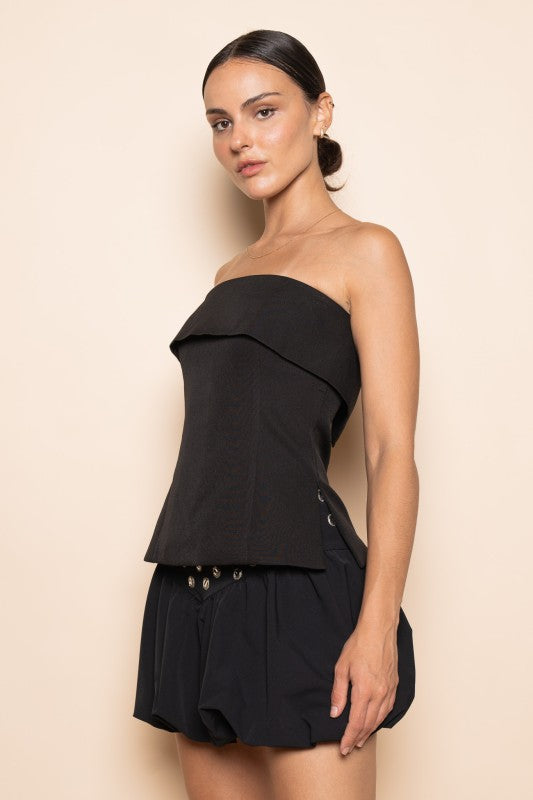 MODERN DRESSY STRAPLESS FITTED SIDE SLIT TOP - BLACK