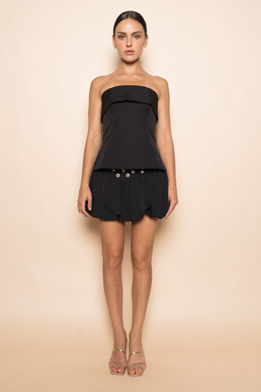 MODERN DRESSY STRAPLESS FITTED SIDE SLIT TOP - BLACK