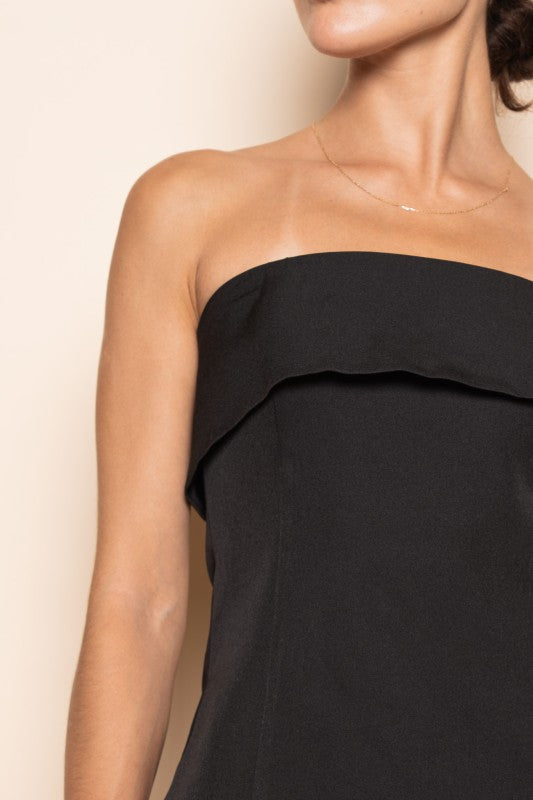 MODERN DRESSY STRAPLESS FITTED SIDE SLIT TOP - BLACK