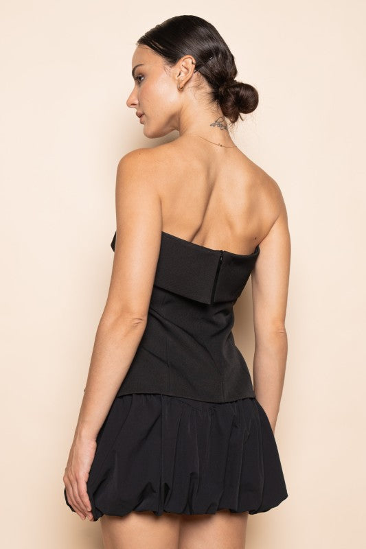 MODERN DRESSY STRAPLESS FITTED SIDE SLIT TOP - BLACK