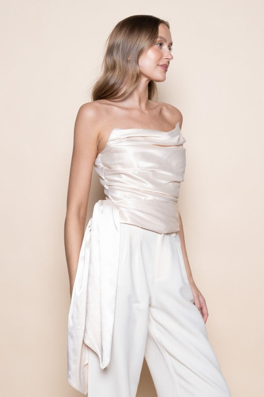 Asymmetrical Strapless Top With Sash - Champagne