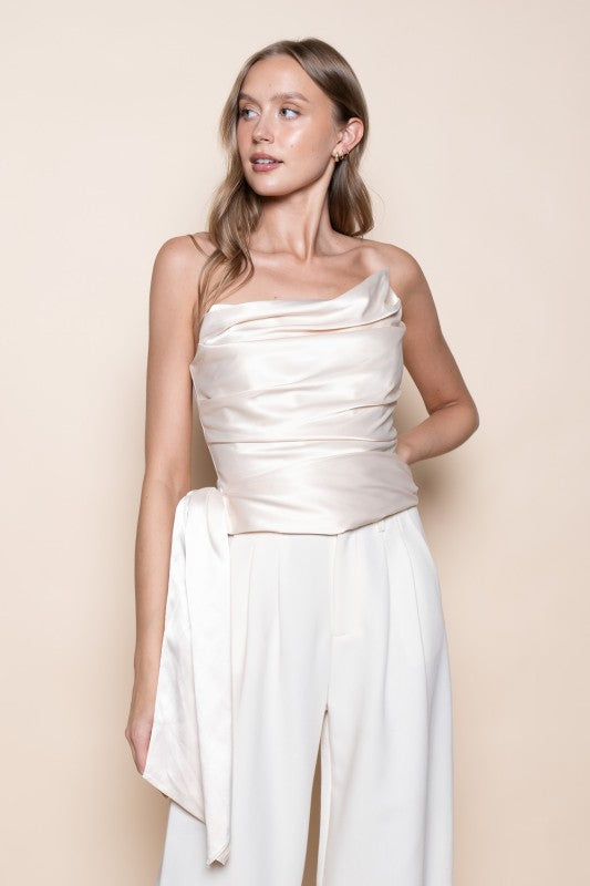 Asymmetrical Strapless Top With Sash - Champagne
