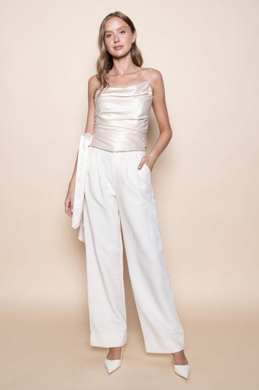 Asymmetrical Strapless Top With Sash - Champagne