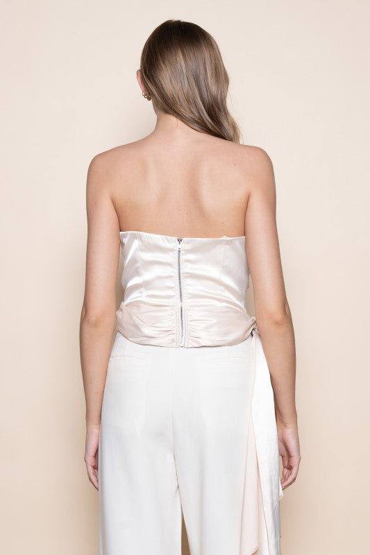 Asymmetrical Strapless Top With Sash - Champagne
