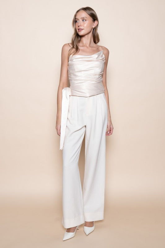 Asymmetrical Strapless Top With Sash - Champagne