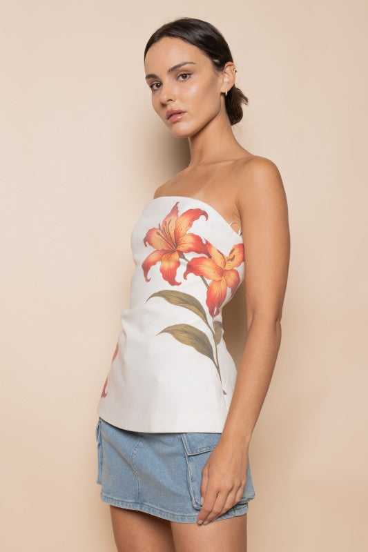 FLORAL PRINT STRAPLESS TUBE TOP – WHITE