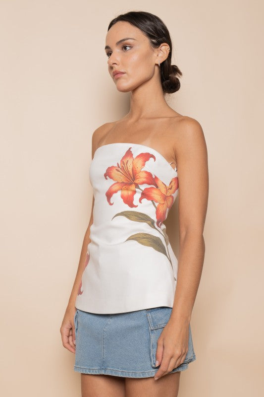FLORAL PRINT STRAPLESS TUBE TOP – WHITE