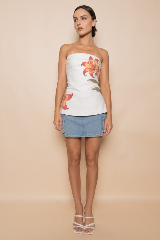 FLORAL PRINT STRAPLESS TUBE TOP – WHITE