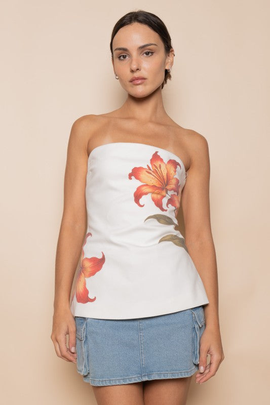 FLORAL PRINT STRAPLESS TUBE TOP – WHITE