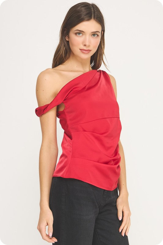ASYMMETRIC TWISTED GOLD JEWEL SATIN TOP - RED