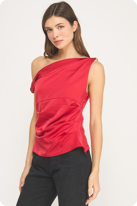 ASYMMETRIC TWISTED GOLD JEWEL SATIN TOP - RED