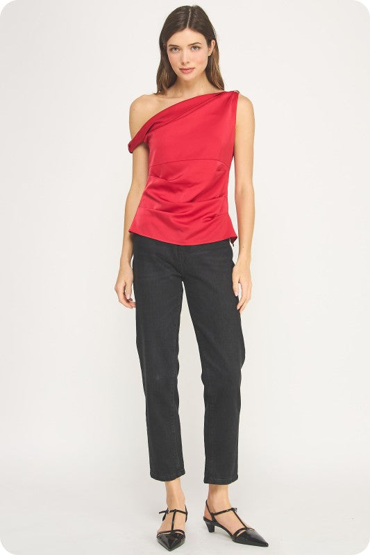 ASYMMETRIC TWISTED GOLD JEWEL SATIN TOP - RED