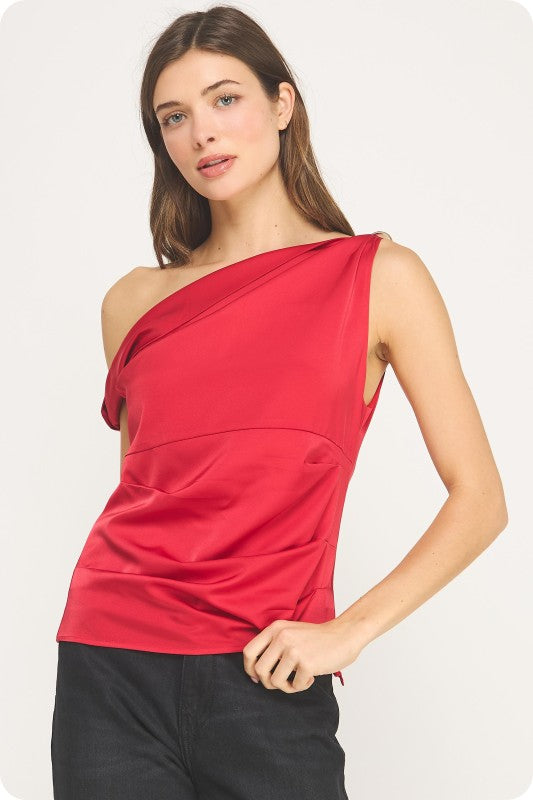 ASYMMETRIC TWISTED GOLD JEWEL SATIN TOP - RED