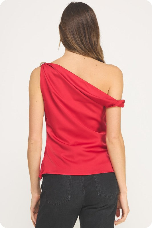 ASYMMETRIC TWISTED GOLD JEWEL SATIN TOP - RED