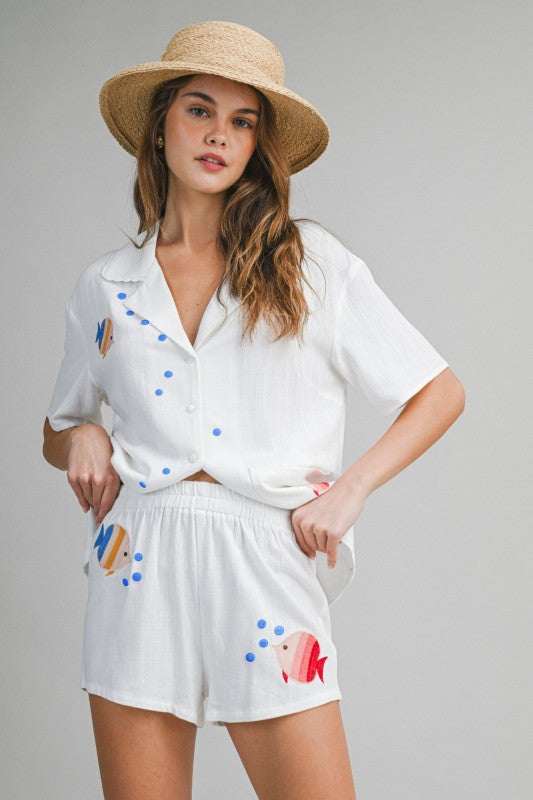EMBROIDERED FISH PRINT TOP AND SHORTS SET - WHITE