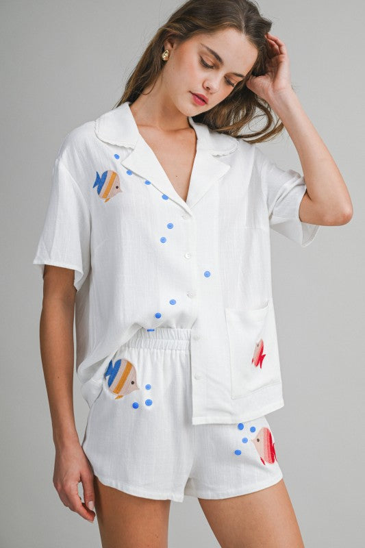 EMBROIDERED FISH PRINT TOP AND SHORTS SET - WHITE