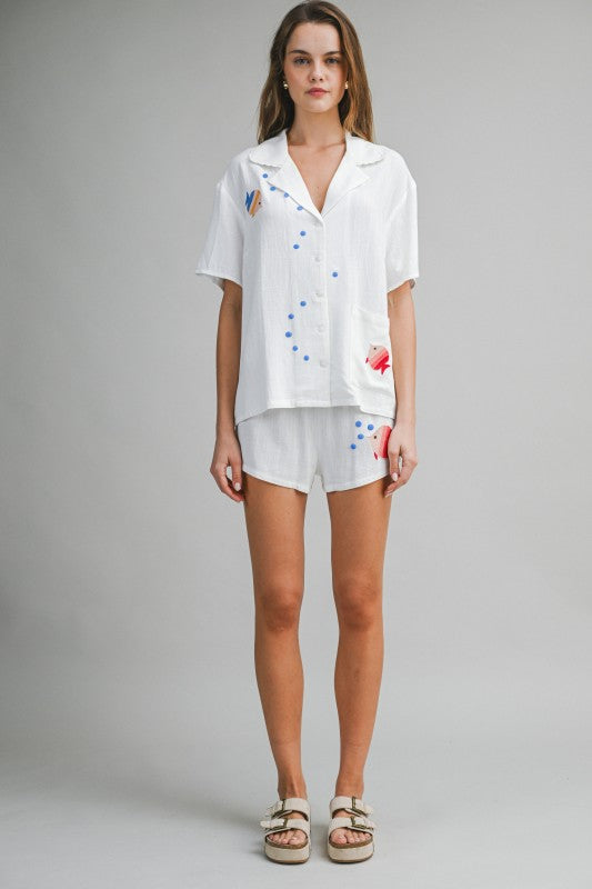 EMBROIDERED FISH PRINT TOP AND SHORTS SET - WHITE