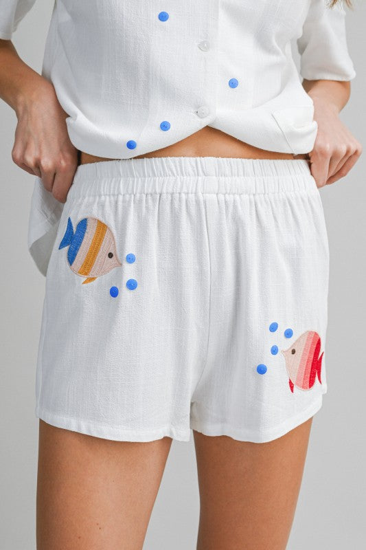 EMBROIDERED FISH PRINT TOP AND SHORTS SET - WHITE