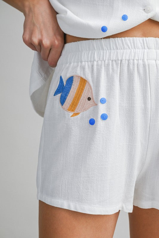 EMBROIDERED FISH PRINT TOP AND SHORTS SET - WHITE