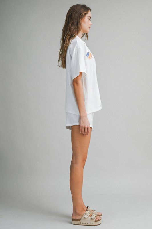 EMBROIDERED FISH PRINT TOP AND SHORTS SET - WHITE