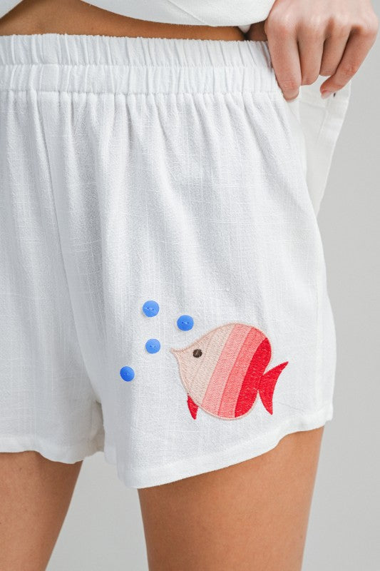 EMBROIDERED FISH PRINT TOP AND SHORTS SET - WHITE