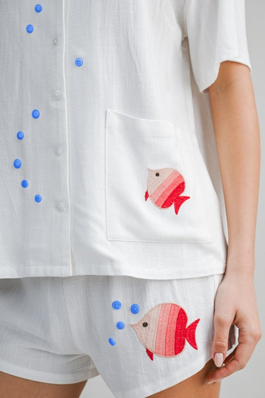 EMBROIDERED FISH PRINT TOP AND SHORTS SET - WHITE