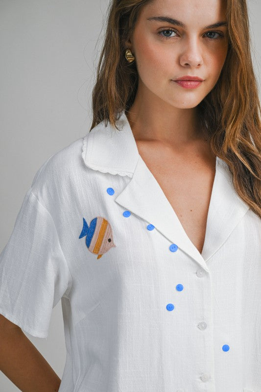 EMBROIDERED FISH PRINT TOP AND SHORTS SET - WHITE