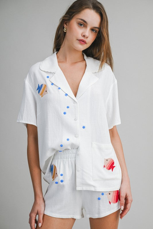 EMBROIDERED FISH PRINT TOP AND SHORTS SET - WHITE