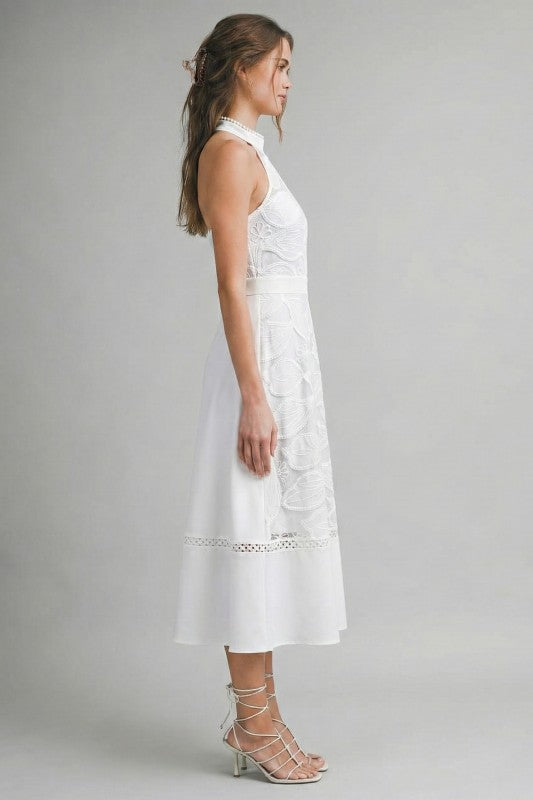 HIGH NECK LACE MIDI DRESS - WHITE