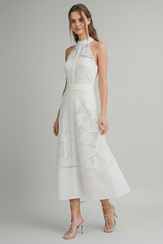 HIGH NECK LACE MIDI DRESS - WHITE