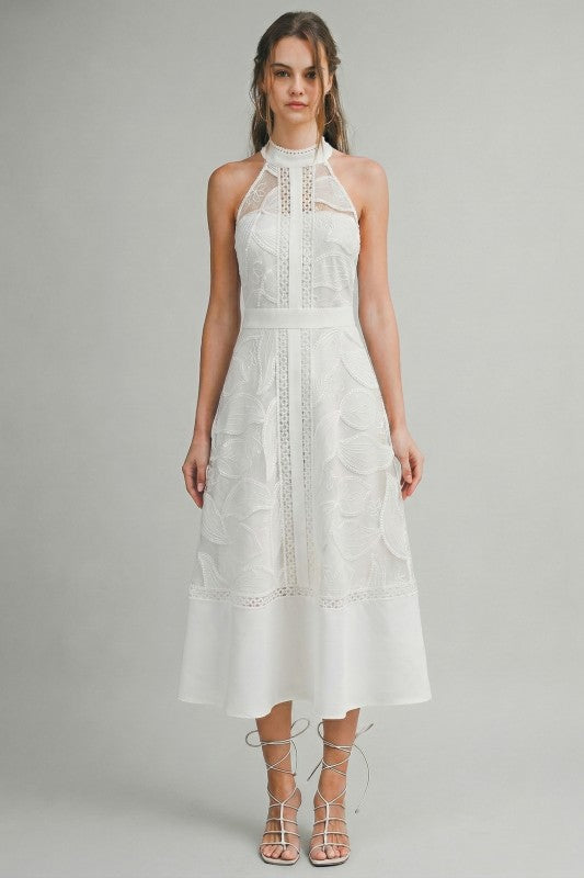 HIGH NECK LACE MIDI DRESS - WHITE