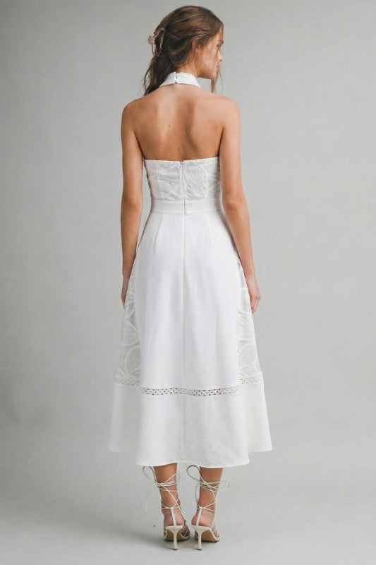 HIGH NECK LACE MIDI DRESS - WHITE