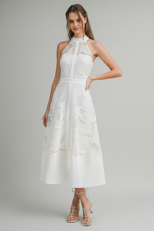 HIGH NECK LACE MIDI DRESS - WHITE
