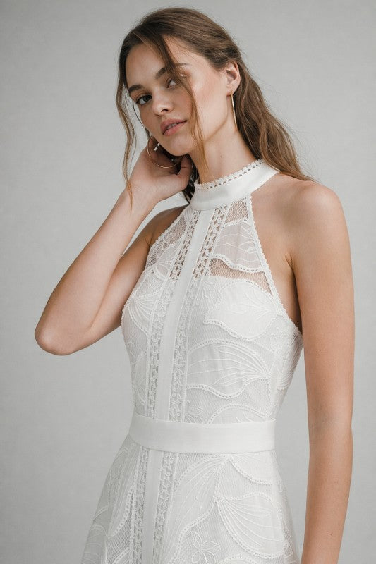 HIGH NECK LACE MIDI DRESS - WHITE